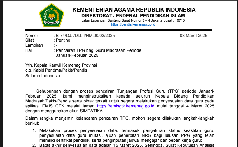 Sertifikasi Guru Kemenag 2025 Kapan Cair? Login emisgtk.kemenag.go.id TPG Kemenag Cair Sebelum24 Maret