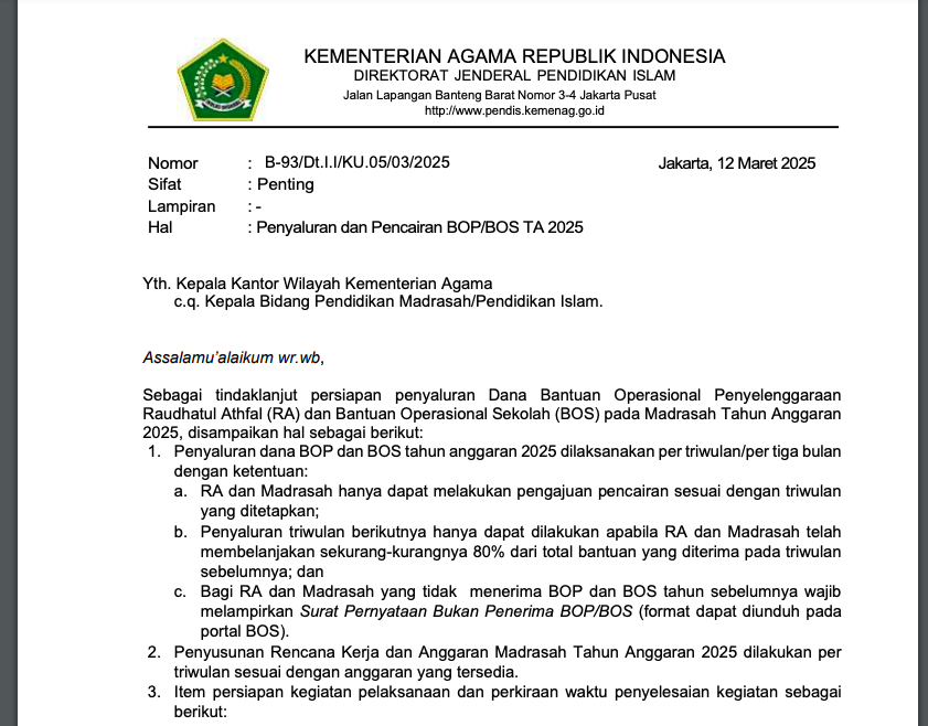 Unduh Syarat Penyaluran Pencairan BOP BOS Kemenag 2025