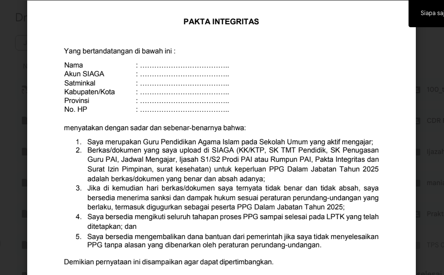 Download Contoh Pakta Integritas PPG 2025: