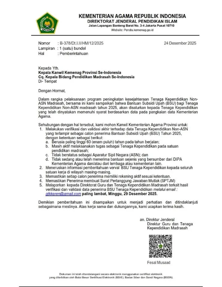 Penerima BSU Tenaga Kependidikan Madrasah 2025