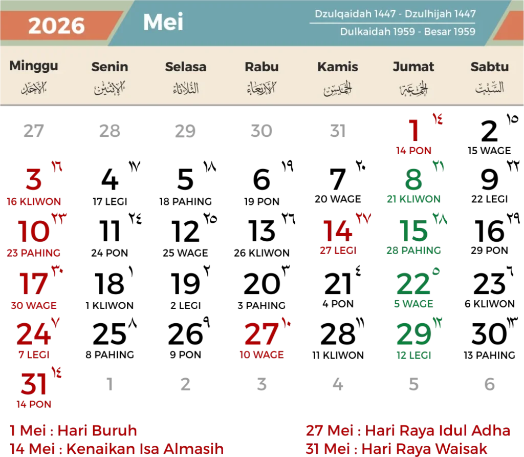 Kalender Mei 2026: Empat Hari Libur Nasional dan Dua Cuti Bersama yang Siap Dinikmati